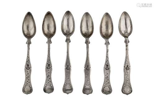 A set of six late 19th / early 20th century Ottoman Turkish 900 standard silver coffee spoons,