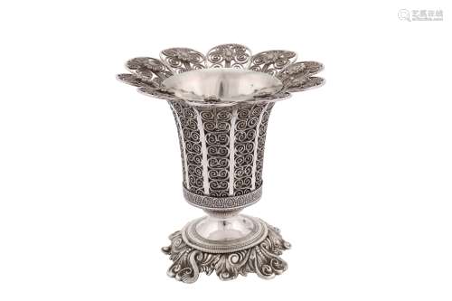 A third quarter 19th century Ottoman Turkish 900 standard parcel gilt silver filigree spoon warmer,