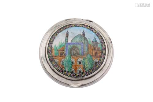 A mid-20th century Iranian (Persian) silver and enamel compact, Isfahan circa 1950 workshop