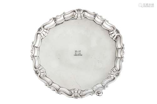 An interesting George II Irish sterling silver salver, Dublin circa 1755 by James Warren (active