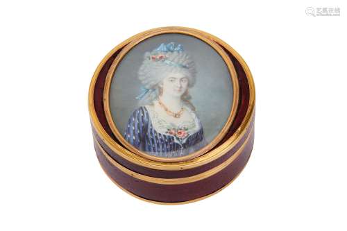 An unusual late 18th century French or Swiss gold mounted lacquer snuff box, circa 1793