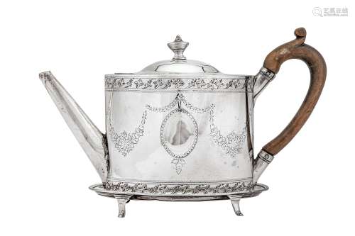 A George III sterling silver teapot on stand, the teapot London 1792 by Frances Purton (reg. 4th