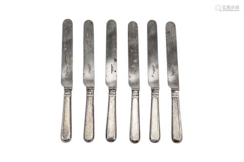 A set of six Alexander III Russian 84 Zolotnik (875 standard) silver handled table knives, Moscow