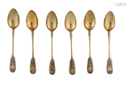 A set of six Alexander III Russian parcel gilt 84 zolotnik (875 standard) silver teaspoons, Moscow