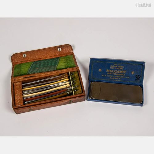 A Set of Six Antique Straight Razors with Travel Case