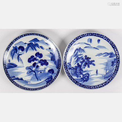 Two Chinese Blue and White Porcelain Chargers, 20th