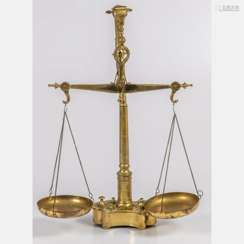 An Antique Brass Scale with Weights, 19/20th Century.