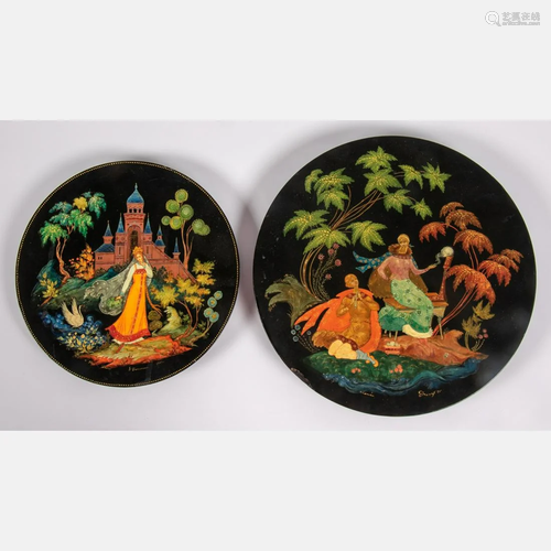 Two Russian Lacquered Plates, 20th Century.