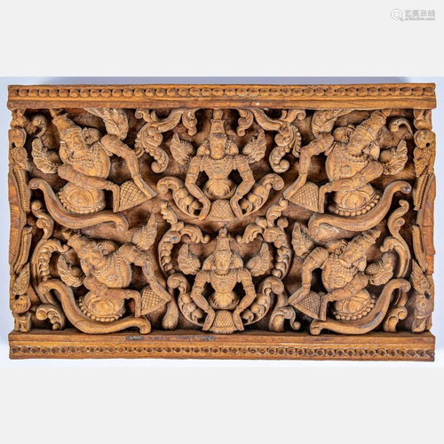 An Indian Carved Hardwood Shrine Relief Fragm…