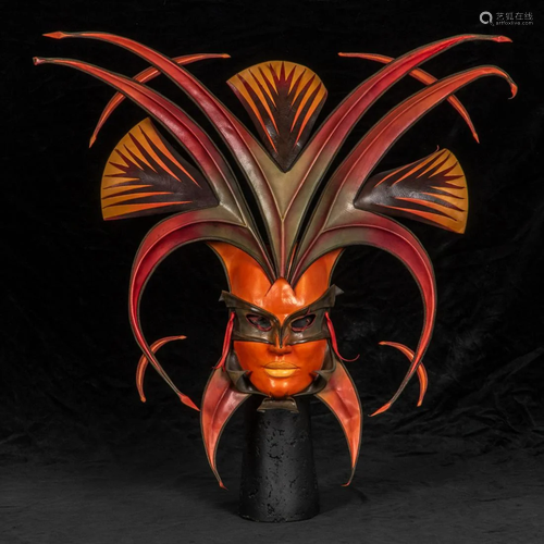 A Michael Taylor Leather Mask on Stand, 20th Century,