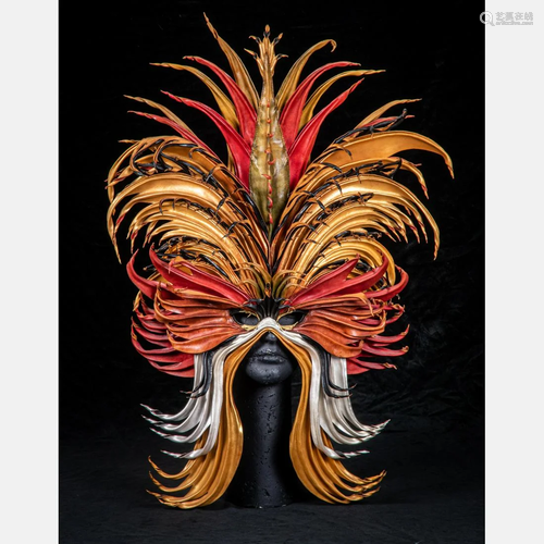 A John Flemming Leather Mask on Stand, 20th Century,