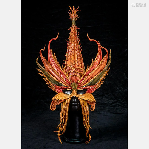 A John Flemming Leather Mask on Stand, 20th Century,