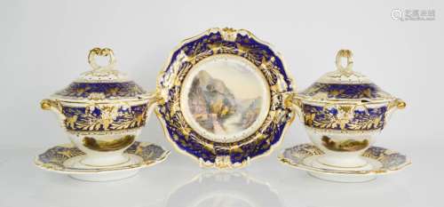 A pair of Bloor Derby tureens and stands, together with a matching plate, circa 1830, each hand