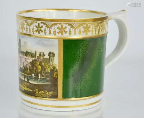 A 19th century Derby tankard, hand painted with a view of Warwick castle. 11.5cms