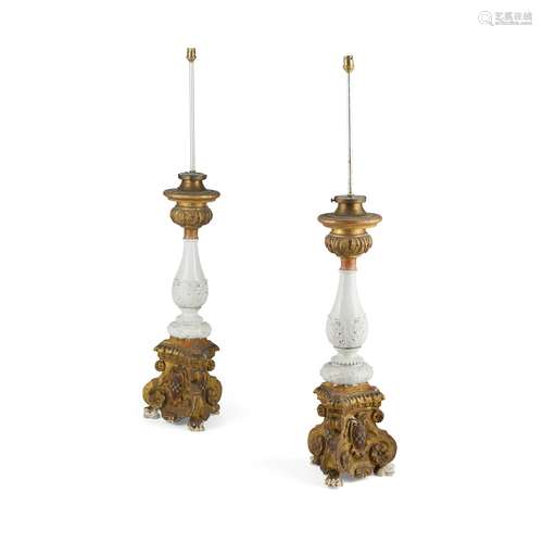 PAIR OF CONTINENTAL GILTWOOD AND CERAMIC ALTAR CANDLESTICKS 19TH CENTURY