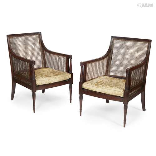 PAIR OF REGENCY STYLE MAHOGANY BERGERES LATE 19TH/ EARLY 20TH CENTURY