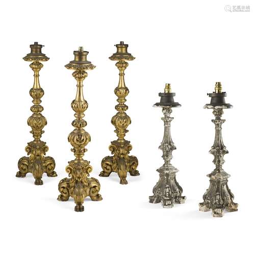 GROUP OF FIVE CONTINENTAL PRICKET STICK LAMPS 19TH CENTURY