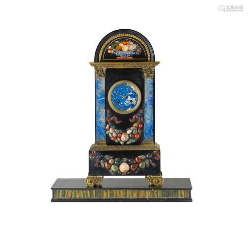 FRENCH FLORENTINE MARBLE AND PIETRA DURA MANTEL CLOCK, BY HUNZIKER, PARIS EARLY 19TH CENTURY