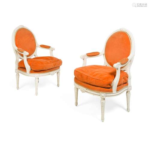 PAIR OF LOUIS XVI STYLE WHITE-PAINTED FAUTEUILS 19TH CENTURY