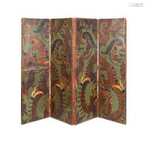 CONTINENTAL EMBOSSED AND PAINTED LEATHER FOUR-FOLD SCREEN 19TH CENTURY, THE LEATHER 17TH/18TH