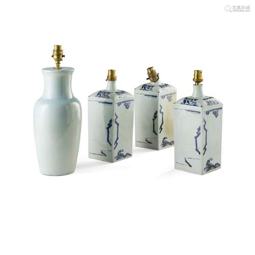 THREE CHINESE BLUE AND WHITE CERAMIC LAMPS MODERN