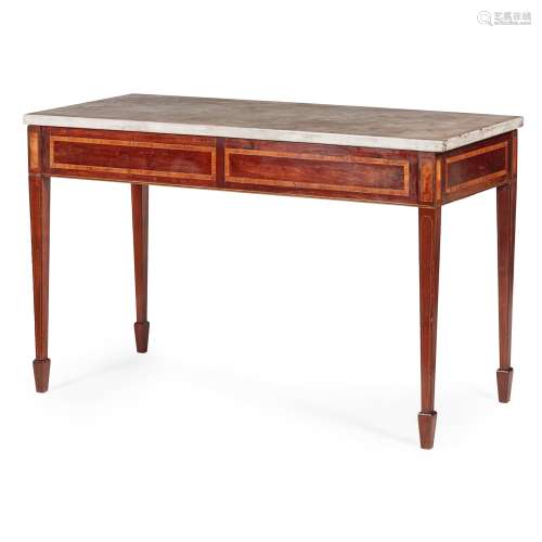 GEORGE III MAHOGANY AND SATINWOOD MARBLE TOPPED TABLE LATE 18TH CENTURY