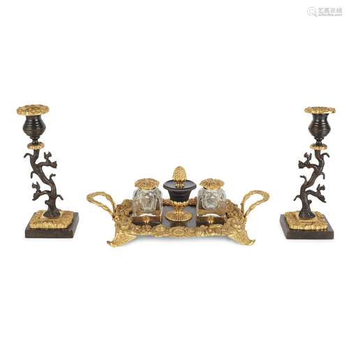 LATE REGENCY GILT AND PATINATED BRONZE INKSTAND AND CANDLESTICKS EARLY 19TH CENTURY