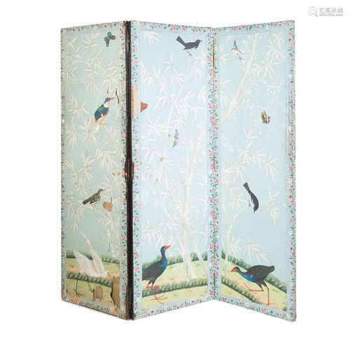 CHINESE WALLPAPER THREE-FOLD SCREEN EARLY 19TH CENTURY