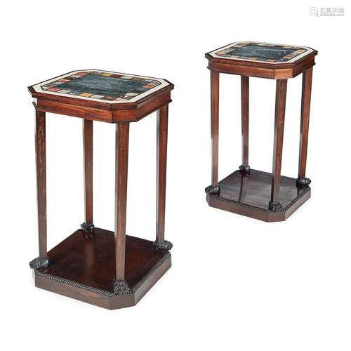 Y PAIR OF REGENCY STYLE, ROSEWOOD, EBONISED AND SPECIMEN MARBLE LAMP STANDS 20TH CENTURY