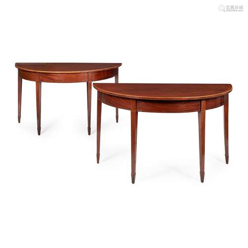 PAIR OF GEORGE III MAHOGANY AND BOXWOOD DEMILUNE TABLES LATE 18TH CENTURY