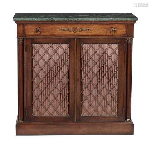 REGENCY STYLE MAHOGANY AND BRASS MARBLE-TOPPED CABINET 20TH CENTURY