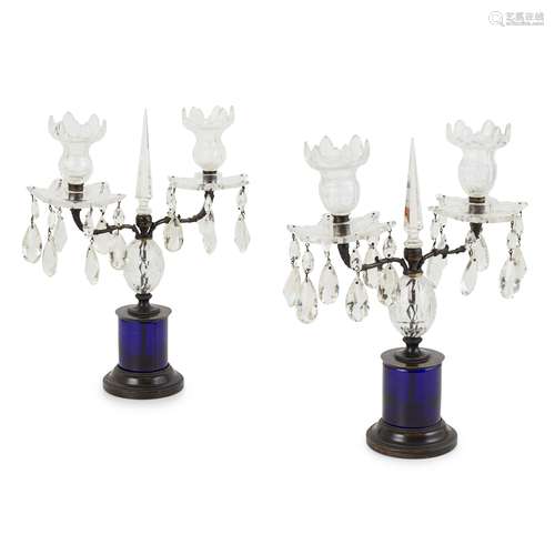 PAIR OF REGENCY BRONZE, COBALT AND CUT-GLASS CANDELABRA EARLY 19TH CENTURY