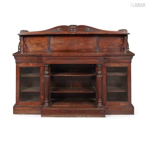 Y REGENCY ROSEWOOD AND BRASS OPEN BOOKCASE, IN THE MANNER OF GILLOWS EARLY 19TH CENTURY