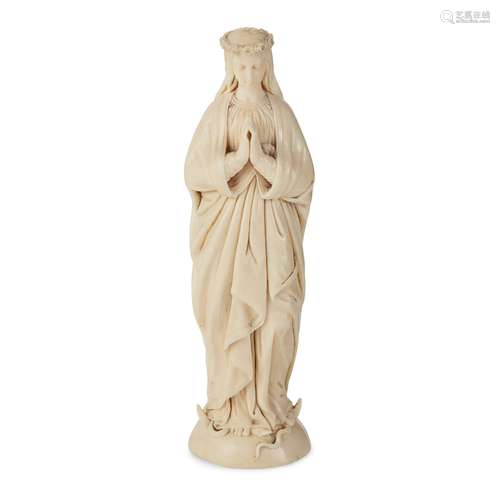 Y CARVED IVORY FIGURE OF THE VIRGIN AND THE SERPENT LATE 19TH/ EARLY 20TH CENTURY