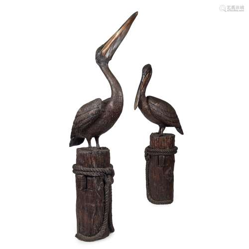 PAIR OF LARGE PATINATED BRONZE FIGURES OF GREAT WHITE PELICANS MODERN