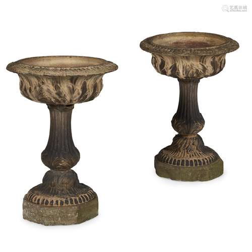 PAIR OF BLASHFIELD TYPE TERRACOTTA URNS AND STANDS 19TH CENTURY