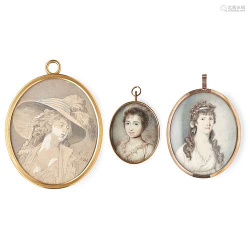 Y THREE PORTRAIT MINIATURES OF LADIES ENGLISH SCHOOL, LATE 18TH CENTURY