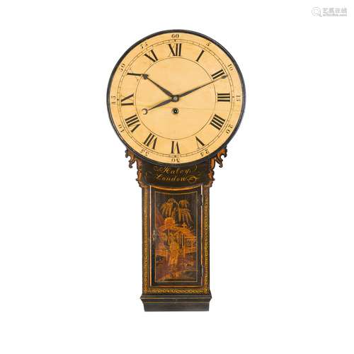 GEORGE III BLACK JAPANNED TAVERN CLOCK, BY HALEY, LONDON LATE 18TH CENTURY