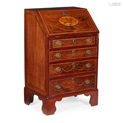 GEORGE III MAHOGANY, SATINWOOD, BANDED AND INLAID BUREAU LATE 18TH CENTURY, THE INLAY LATER