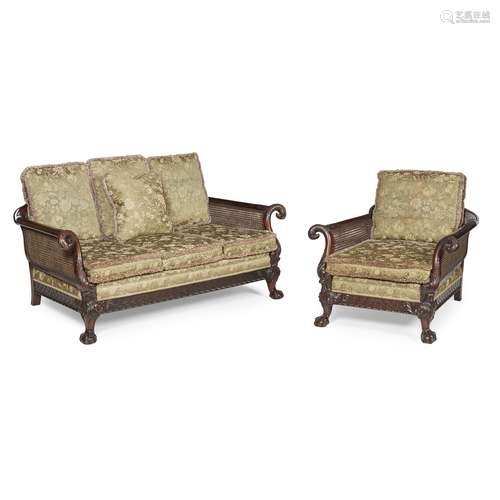 GEORGIAN STYLE MAHOGANY TWO PIECE BERGERE SUITE, ATTRIBUTED TO GILLOWS & WARING EARLY 20TH CENTURY