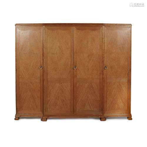 Y WHYTOCK & REID ART DECO TIGER MAPLE, SATIN BIRCH, AND MAHOGANY WARDROBE MID 20TH CENTURY