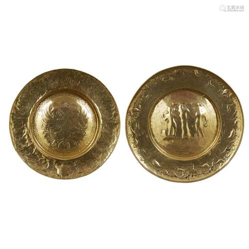 TWO LARGE BRASS ALMS DISHES 17TH CENTURY