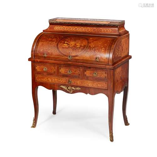 FRENCH KINGWOOD, MARQUETRY AND MARBLE BUREAU À CYLINDRE LATE 19TH CENTURY