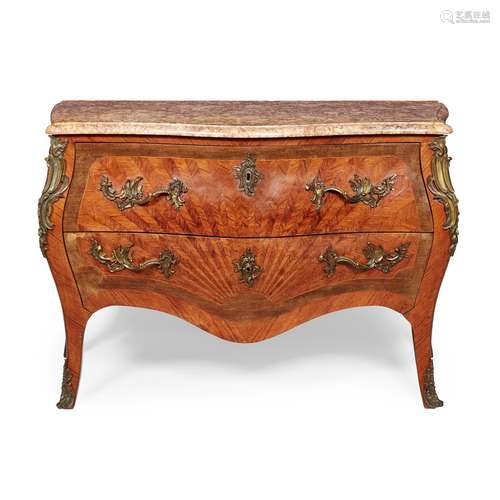 LOUIS XV STYLE KINGWOOD AND AMARANTH MARBLE TOPPED BOMBÉ COMMODE EARLY 20TH CENTURY