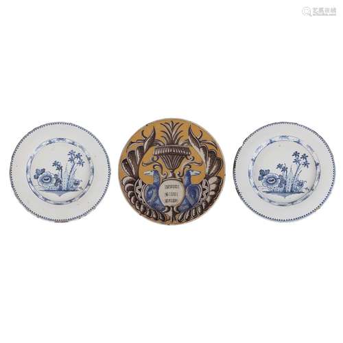 THREE DELFTWARE CHARGERS 18TH CENTURY