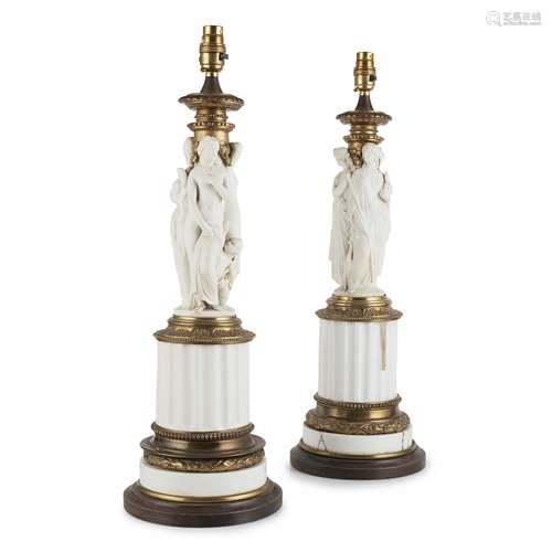 PAIR OF FRENCH FIGURAL BISQUE AND GLAZED PORCELAIN LAMPS 19TH CENTURY