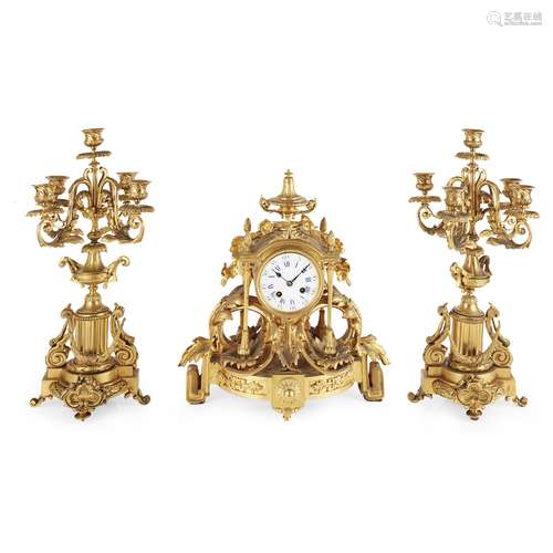 FRENCH LOUIS XV STYLE GILT BRONZE THREE PIECE CLOCK GARNITURE 19TH CENTURY