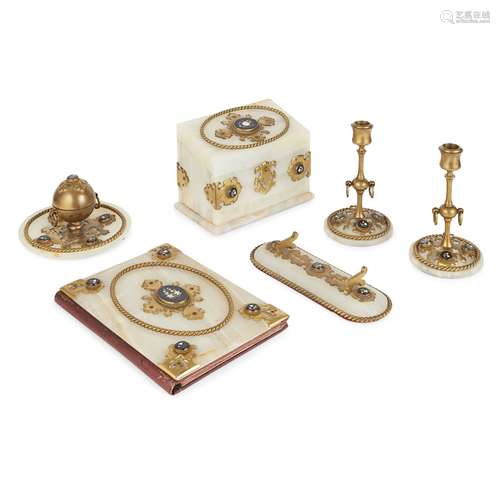 VICTORIAN ONYX, BRASS, AND PIETRA DURA SIX PIECE DESK SET 19TH CENTURY