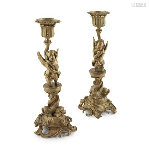 PAIR OF GILT BRONZE FIGURAL CANDLESTICKS 19TH CENTURY