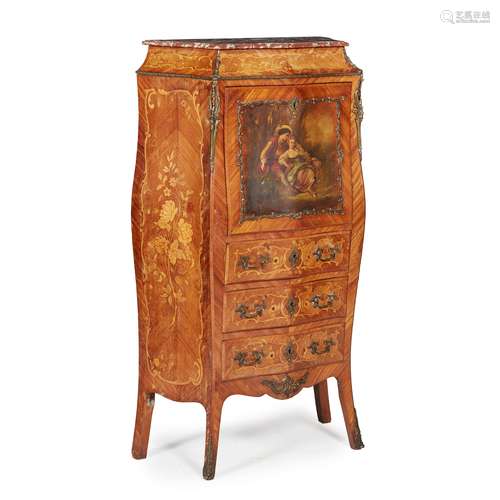 FRENCH KINGWOOD, MARQUETRY, VERNIS MARTIN, MARBLE TOP SECRETAIRE ABBATANT LATE 19TH CENTURY